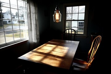 Poster - Cozy dining room illuminated by warm light in a quiet neighborhood during late afternoon hours