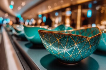 Leinwandbilder - Elegant turquoise bowls with intricate designs displayed in a modern shop setting around evening time