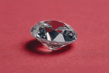 Poster - Sparkling diamond resting on bold red surface highlighting its facets and brilliance