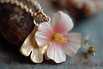 Poster - Intricate gold jewelry with white and pink flower resting on natural stone in soft lighting