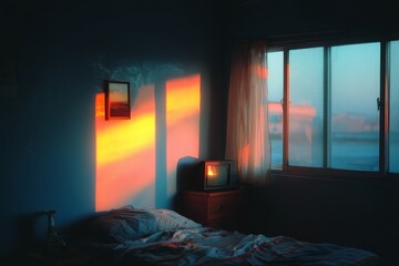Poster - Soft sunset light fills a cozy bedroom with warm colors and creates a peaceful atmosphere