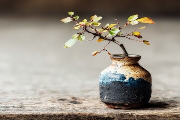 Leinwandbilder - Unique ceramic vase with small branch and leaves on rustic wooden surface captures natural beauty and simplicity in decor