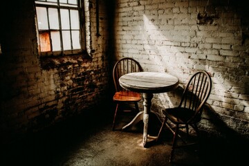 Poster - Warm light illuminates rustic table and chairs in an intimate corner of an old building during late afternoon