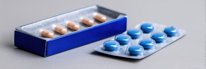Poster - Medicine Box With Blister Pack Displays Various Pills in a Neutral Setting Highlighting Their Details and Design