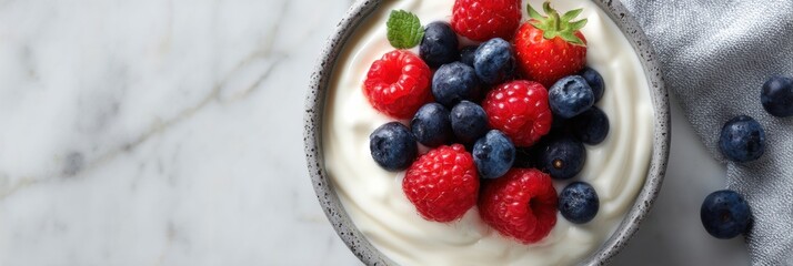 Aufkleber - Bowl of Organic Yogurt Topped With Fresh Berries Served on a Marble Countertop During Breakfast or Snack Time