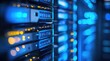 © TommyNa - Macro view of reflective blue and yellow server indicators in a data center rack, depicting real-time activity, network monitoring, and digital system performance