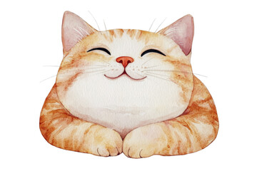 Fototapete - Watercolor happy chubby orange cat smiling in adorable isolated on transparent background