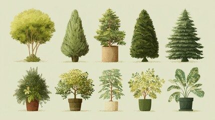 Assorted trees and plants, showcasing various shapes and sizes. Diverse foliage arrangements and container styles add charm to this botanical collection.