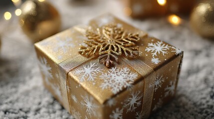 Aufkleber - New Year Gift Adorned With Snowflakes Resting on a Festive Background of Warm Lights and Winter Decor