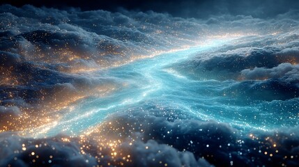 Aufkleber - Celestial River: A dreamlike scene of a luminous blue river flowing through a mystical cloudscape adorned with golden sparkles.