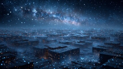 Fototapete - Cityscape of Light: A Futuristic Metropolis Under a Starry Sky with a Digital, Sci-Fi Aesthetic
