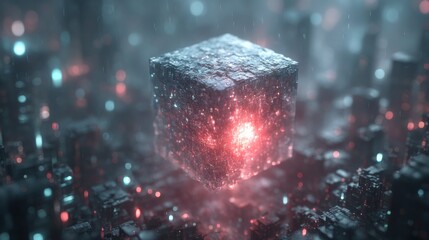 Aufkleber - Cyberpunk Cityscape: Illuminated Data Cube in a Rain-Soaked Metropolis, Glowing Red Core Ascends Above Dystopian Terrain