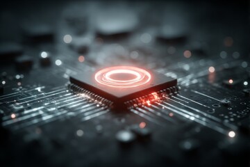 Fototapete - Futuristic Microchip with Glowing Red Core: Powering Artificial Intelligence and Advanced Computing Technology
