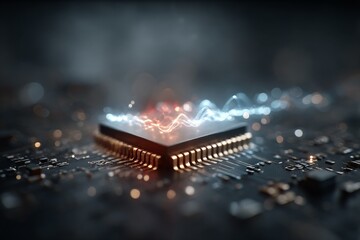 Poster - Microchip close-up on motherboard with glowing trails depicting data flow and processing in modern technology.