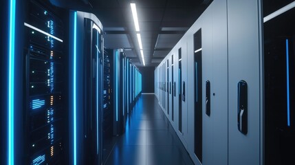 Aufkleber - Futuristic data center hallway with illuminated server racks and glowing blue lights, ideal for cloud computing, AI infrastructure, or digital storage concept visuals