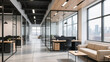 © Virtual backgrounds - Modern spacious office hall with black and wood workspaces, stylish waiting area, and sleek design elements. Perfect for corporate office interior and business environment concepts.