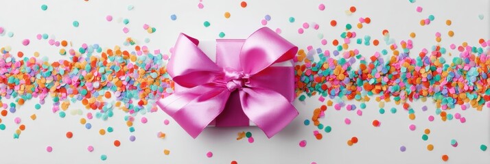 Poster - Colorful Confetti and a Pink Bow Decorate a White Surface for a Festive Celebration or Gift-Giving Occasion