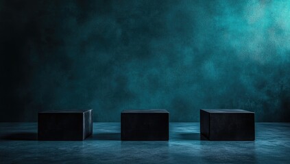 Wall Mural - three black cubes on teal textured background