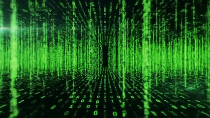 Digital matrix tunnel of green binary code.