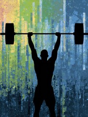 Aufkleber - Weightlifting Silhouette Showcasing Strength Against an Abstract Gradient Backdrop During Training in a Gym Setting