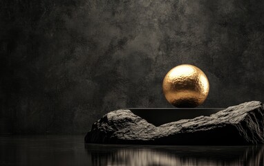 Wall Mural - golden sphere on dark stone platform against textured backdrop