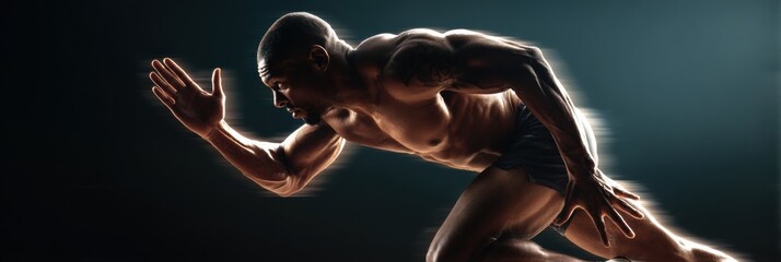 Poster - Athletic Man Sprinting With Powerful Muscles in Motion During a Dynamic Running Session in a Dramatic Low-Light Setting
