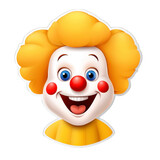 Cheerful clown emoji with big smile, bright red nose, and rosy cheeks, featuring vibrant yellow hair and playful expression. design is colorful and cartoonish, conveying joy and fun