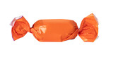 Single orange wrapped candy on transparent background