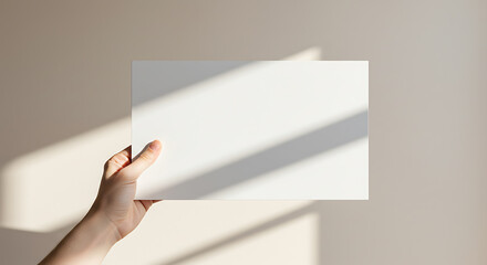 Wall Mural - hand holding blank white paper mockup template with shadow for design presentations and branding