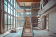 © Olha - Modern home renovation with scaffolding and wooden staircase in progress Generative AI