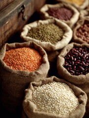 Poster - Close-up View of Various Grains and Legumes in Fabric Sacks Displayed on Rustic Wooden Surface