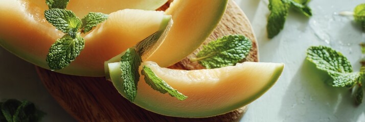 Aufkleber - Freshly Sliced Melon Garnished With Mint Leaves on a Wooden Table With Soft Light