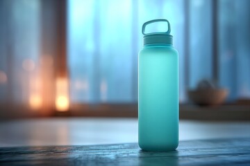 Fototapete - Teal water bottle positioned on a wooden surface.