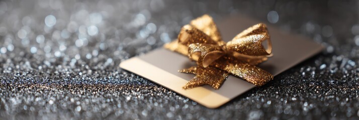 Leinwandbilder - Glossy Gift Card Adorned With a Golden Bow Rests on a Sparkling Surface, Ideal for Celebrations and Special Occasions