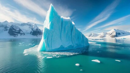 Wall Mural - aerial view of a melting glacier with a large iceberg adrift in turquoise waters under a clear blue 
