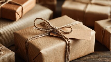 Poster - Gift Stack Wrapped in Kraft Paper With Rustic Details Arranged in a Cozy Indoor Space