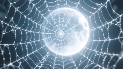 An ethereal image of a spiderweb, seemingly woven from threads of moonlight, with a bright full moon as its backdrop, capturing a blend of nature and fantasy.