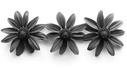 Wall Mural - Elegant black and white monochrome floral background with three symmetrically arranged daisy or sunflower blossoms with contrasting petals and graphic minimalist design