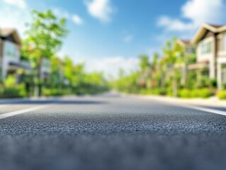 asphalt road leading into blurred suburban neighborhood on sunny day low angle view in residential c