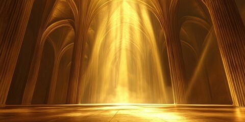 Wall Mural - sharp golden beams cutting through the gloom of a gothic cathedral interior.