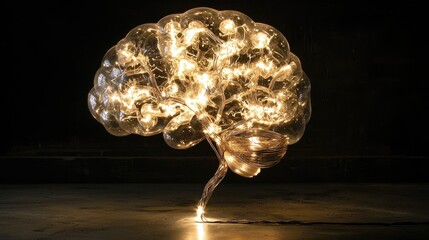 Transparent brain sculpture illuminated by warm light.