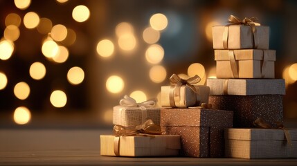 Poster - Wrapped Gift Boxes Stacked Together Under a Soft Spotlight With a Blurred Background of Warm Lights