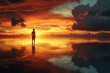 © sahruddin - Silhouette Of Person At Sunset Beach Reflection In Calm Ocean Water