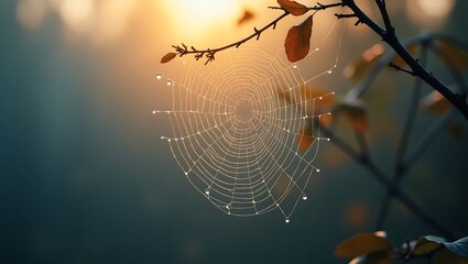 A delicate spiderweb glistens with morning dew drops, a wet and intricate silk trap in nature