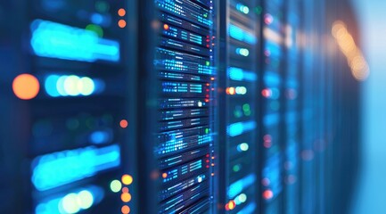 Aufkleber - Modern data center with glowing blue server lights and blurred background, suitable for illustrating cloud computing, big data, cybersecurity, and digital technology services.