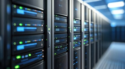 Aufkleber - Brightly lit data center with sleek server racks and active indicator lights, perfect for visualizing enterprise cloud computing, cybersecurity, AI processing, and digital networks.