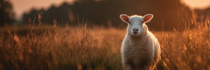 Aufkleber - Sheep Grazing Peacefully in a Meadow During Golden Hour With a Serene Sky and Warm Sunlight
