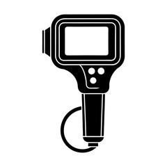 Illustration of a handheld thermal imaging camera with a screen and control buttons in black and white