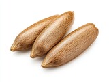 Close up studio shot of three salak seeds on white background; overhead view of brown textured snake fruit kernels