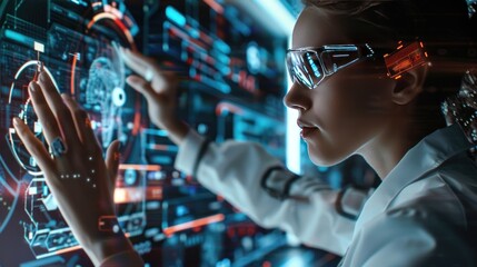 A female engineer looking wide hologram screen computer technology